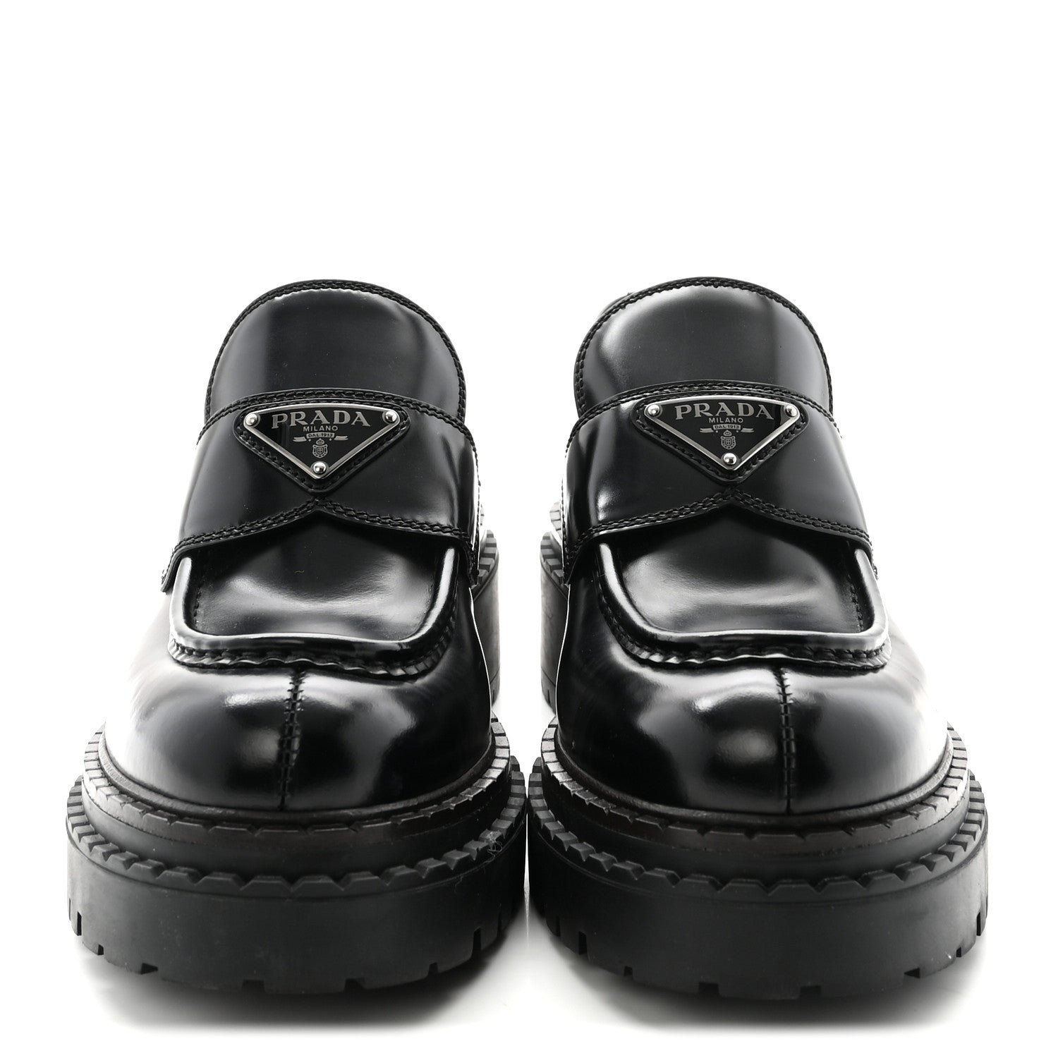 Prada Metal Triangle Logo Double Chocolate Loafers 38 Black 3 of 9