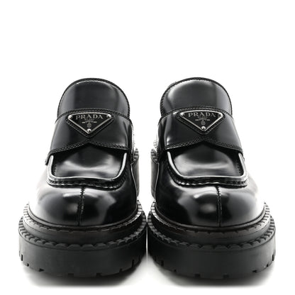 Prada Metal Triangle Logo Double Chocolate Loafers 38 Black 3 of 9