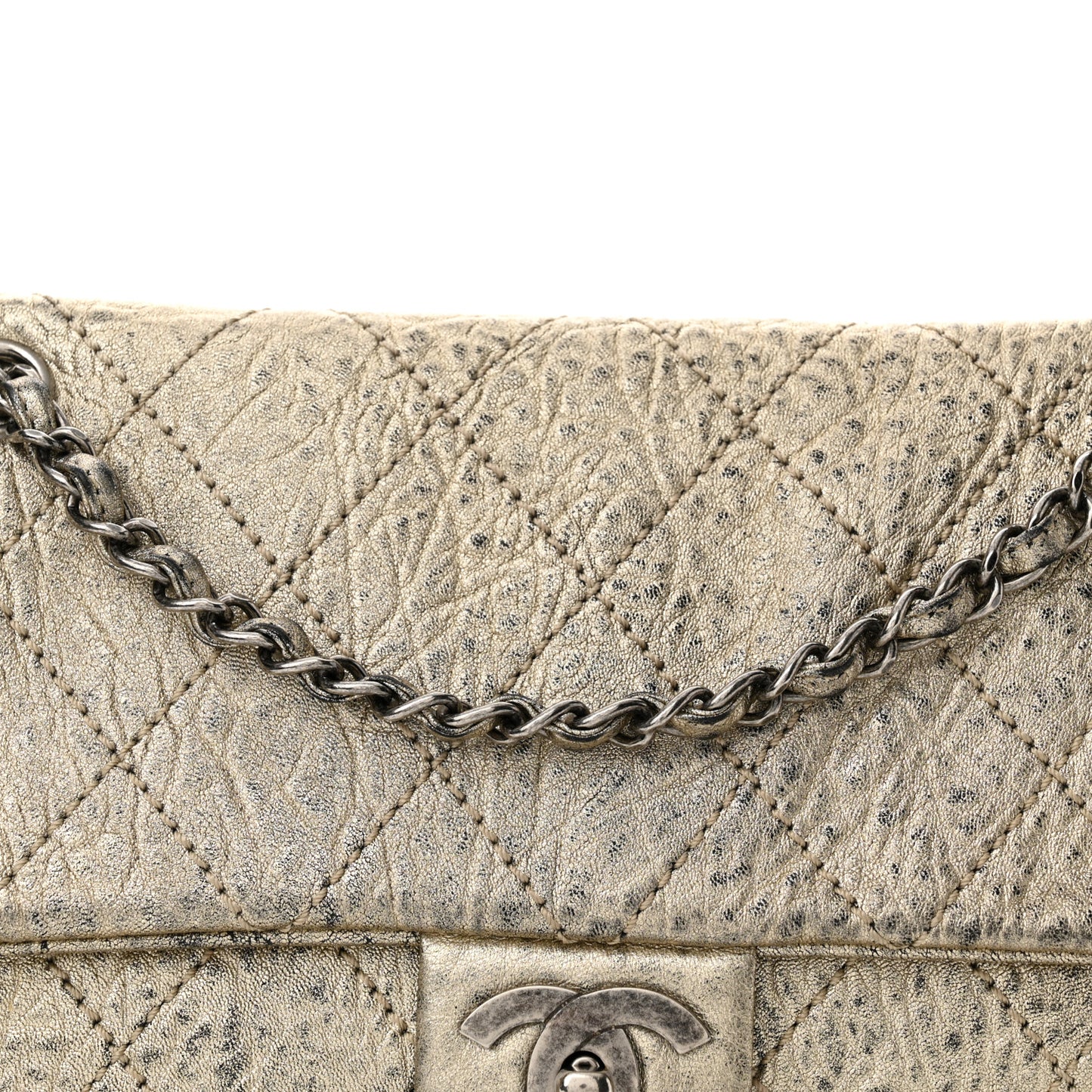 Distressed Metallic Lambskin Quilted Le Marais Ligne Flap Gold