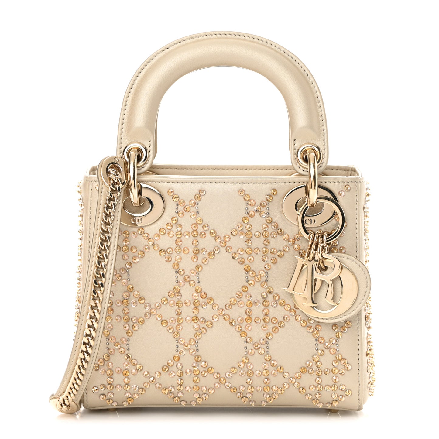Metallic Lambskin Crystal Cannage Mini Lady Dior Platinum