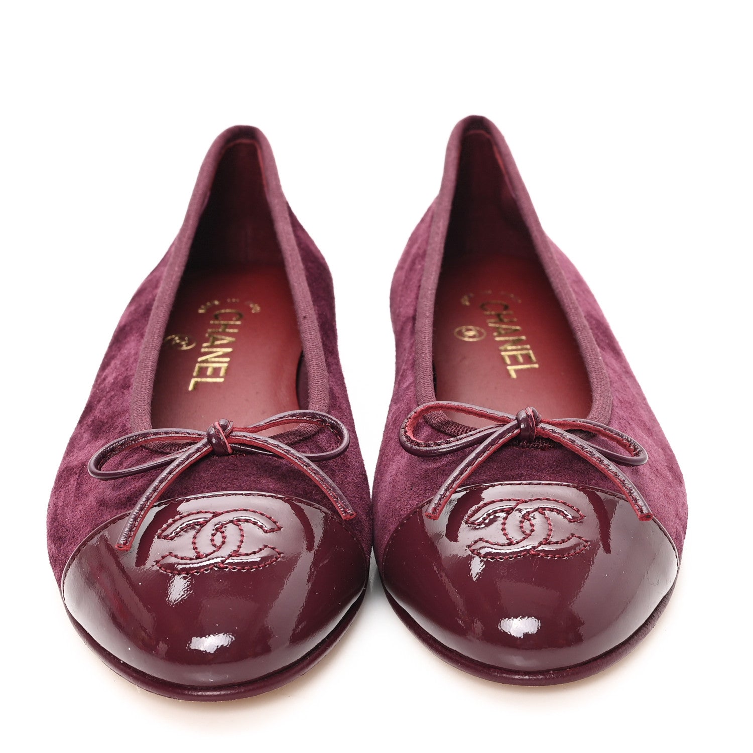 Chanel Suede Patent Cap Toe CC Ballerina Flats 37.5 Burgundy 3 of 10