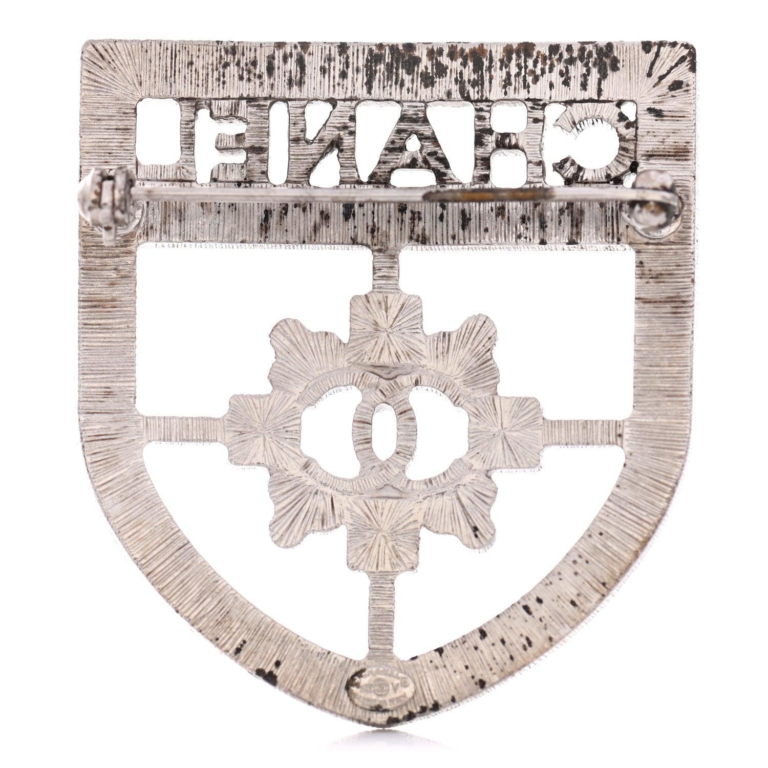 Chanel Swarovski Baguette Crystal CC Shield Brooch Silver 3 of 4