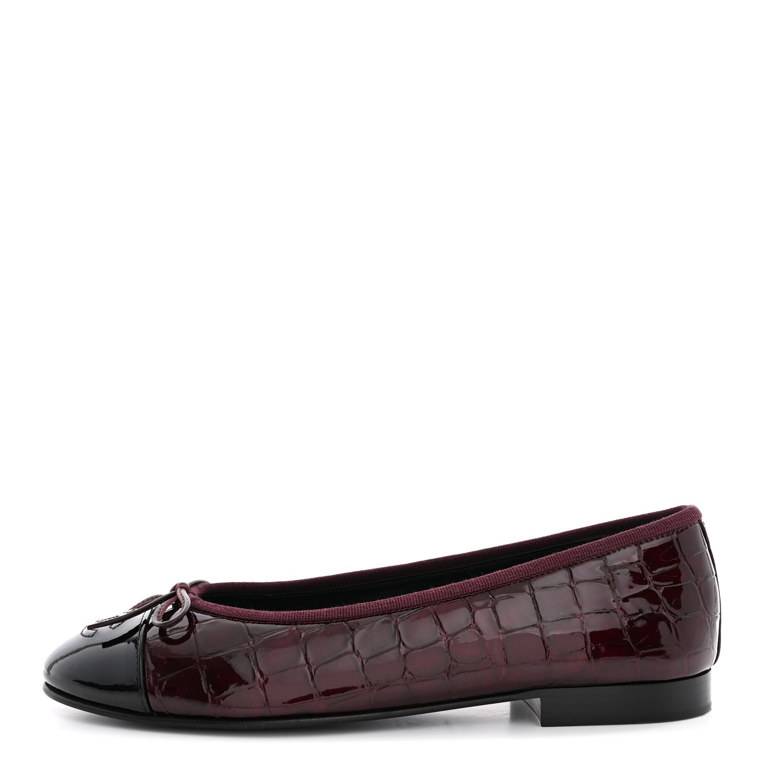 Chanel Patent Calfskin Crocodile Embossed Cap Toe CC Ballerina Flats 37.5 Dark Burgundy Black 1 of 10