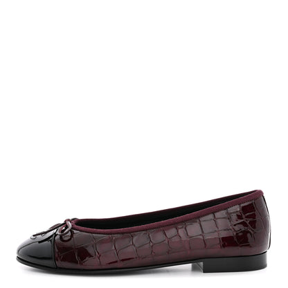 Chanel Patent Calfskin Crocodile Embossed Cap Toe CC Ballerina Flats 37.5 Dark Burgundy Black 1 of 10