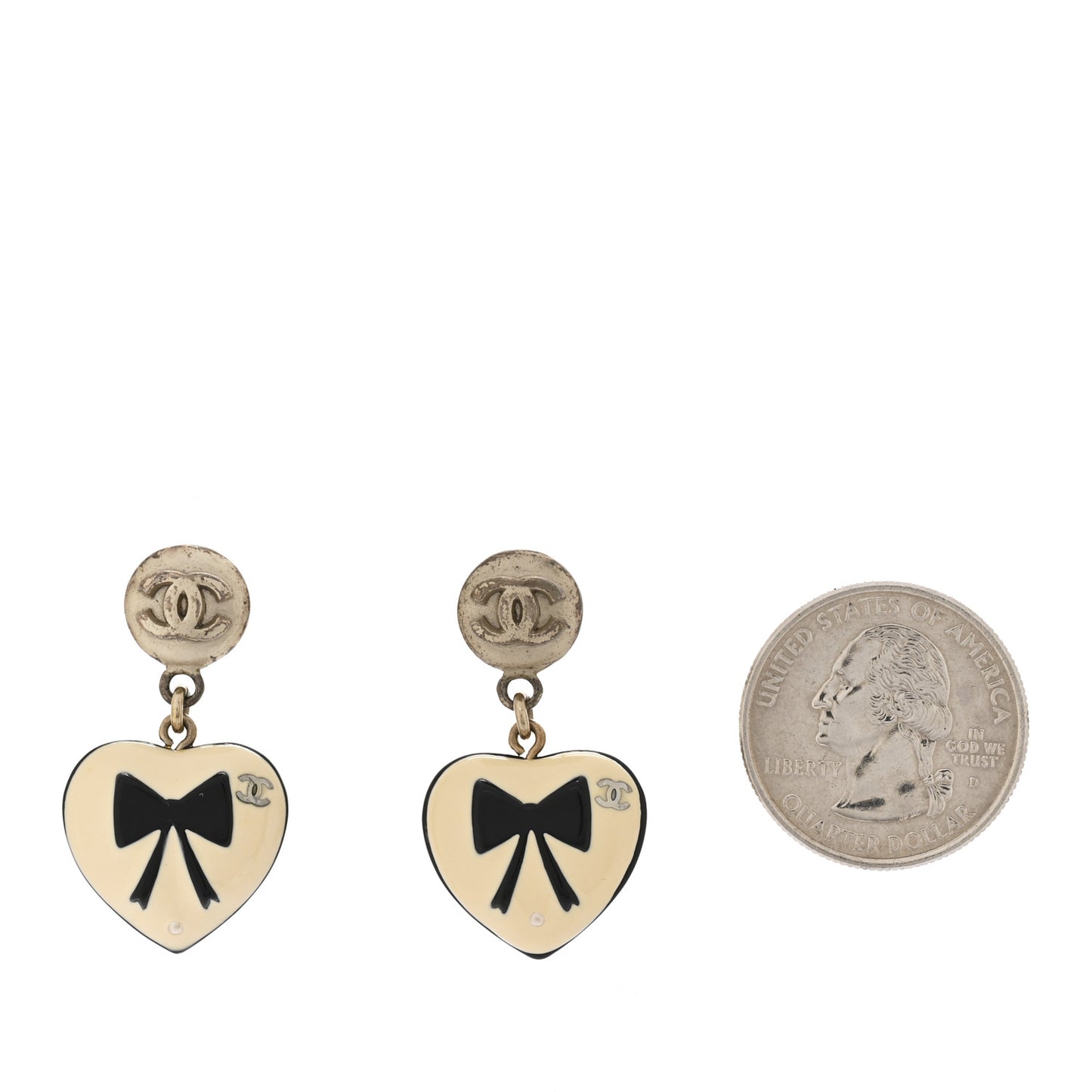 Enamel Heart Bow CC Dangle Earrings Gold