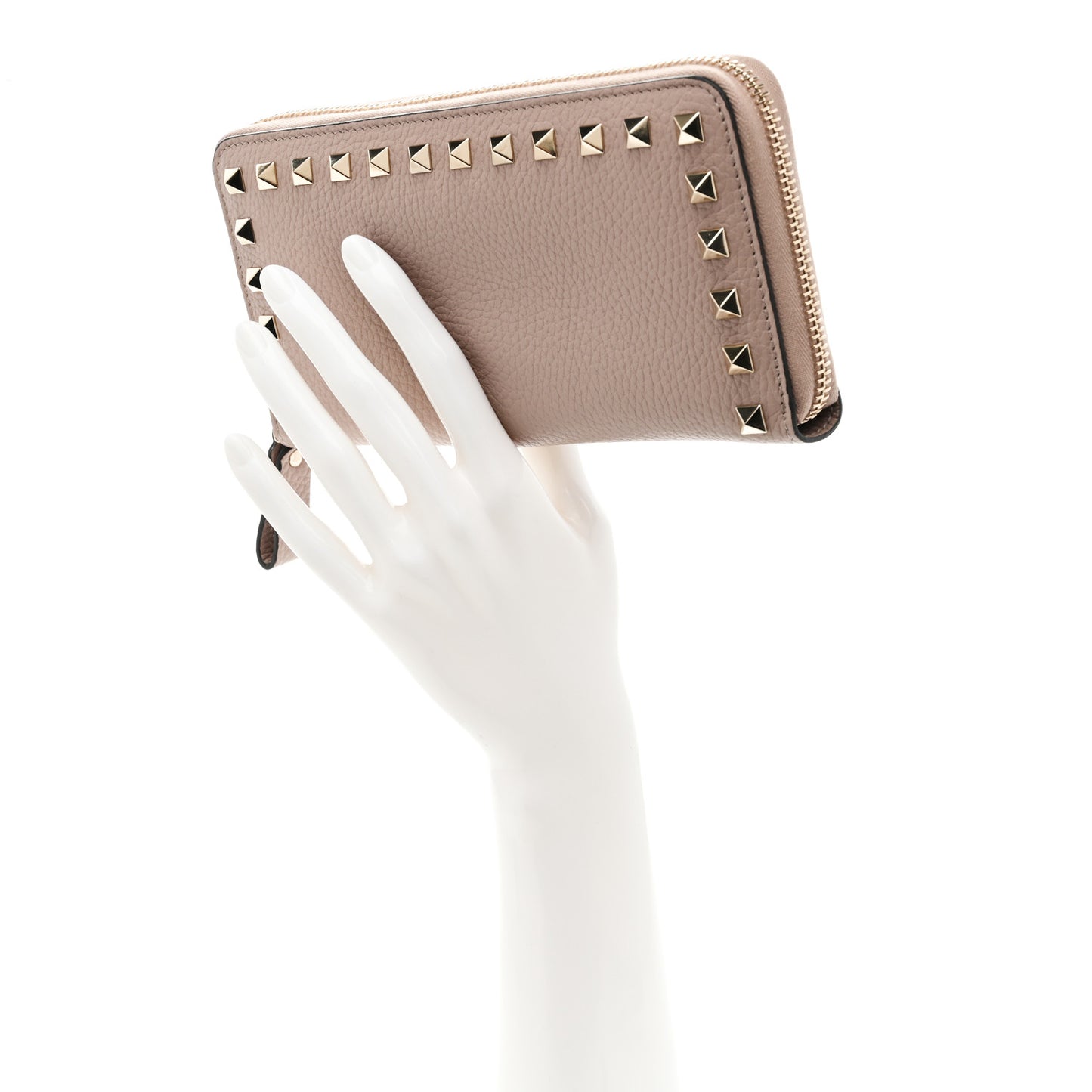 Pebbled Calfskin Rockstud Zip Around Wallet Poudre