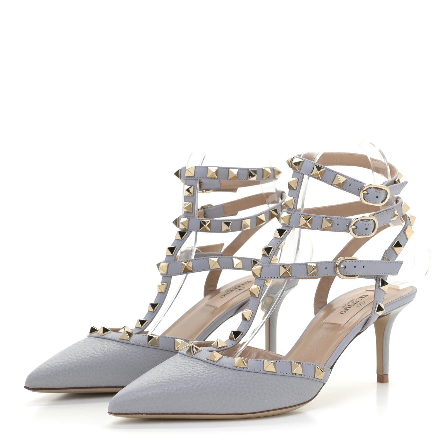 Valentino Garavani Pebbled Calfskin Rockstud Ankle Strap 65mm Pumps 37.5 Pastel Grey 2 of 13