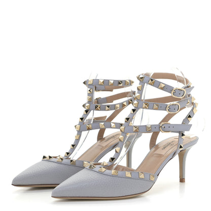 Valentino Garavani Pebbled Calfskin Rockstud Ankle Strap 65mm Pumps 37.5 Pastel Grey 2 of 13