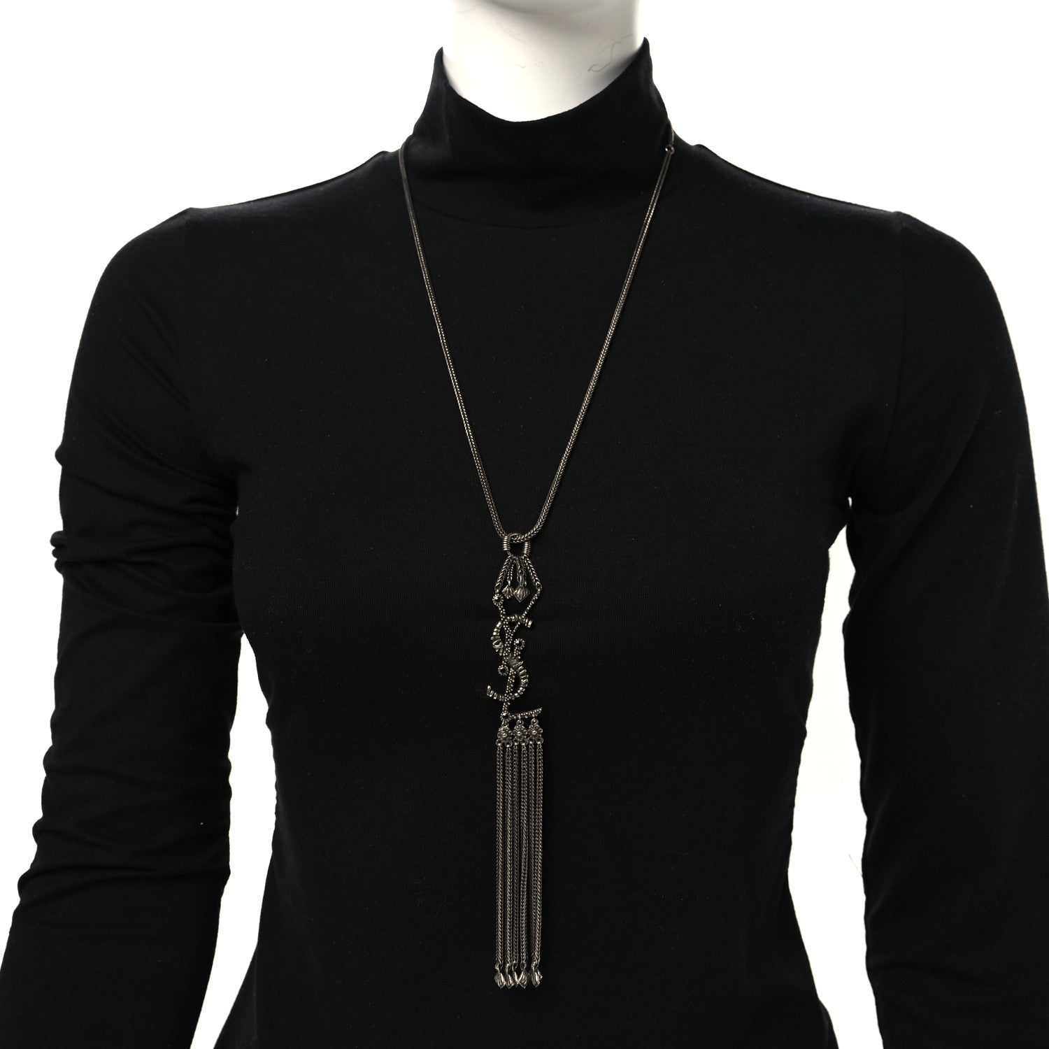 Saint Laurent Metal Monogram Long Necklace Oxidized Silver 2 of 5