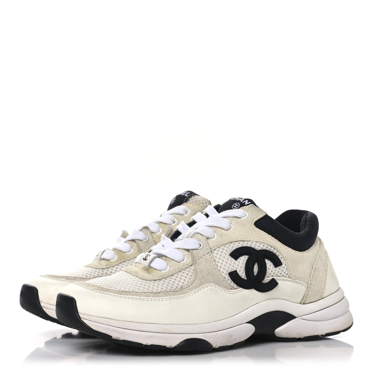 Chanel Mesh Suede Calfskin Grained Calfskin Womens CC Sneakers 37 White Black 4 of 9