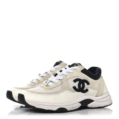 Chanel Mesh Suede Calfskin Grained Calfskin Womens CC Sneakers 37 White Black 4 of 9