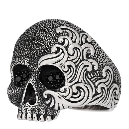 David Yurman Sterling Silver Black Diamond Waves Skull Ring 62 10 3 of 6
