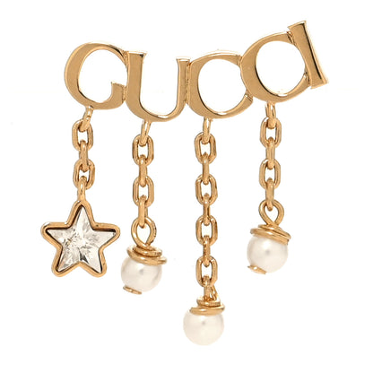 Gucci Metal Crystal Pearl Script Drop Single Earring Gold 1 of 4