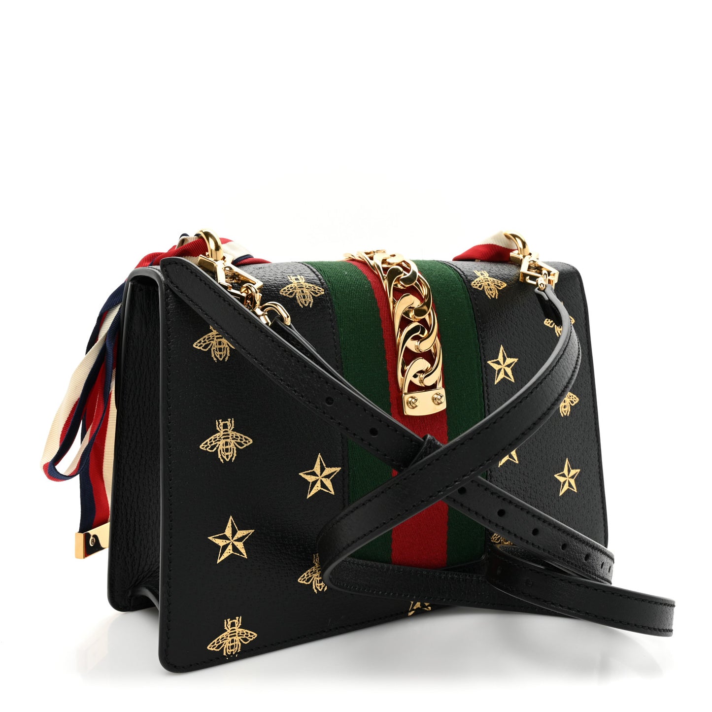 Textured Calfskin Bee Star Print Small Sylvie Shoulder Bag Black