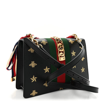 Gucci Textured Calfskin Bee Star Print Small Sylvie Shoulder Bag Black 3 of 9