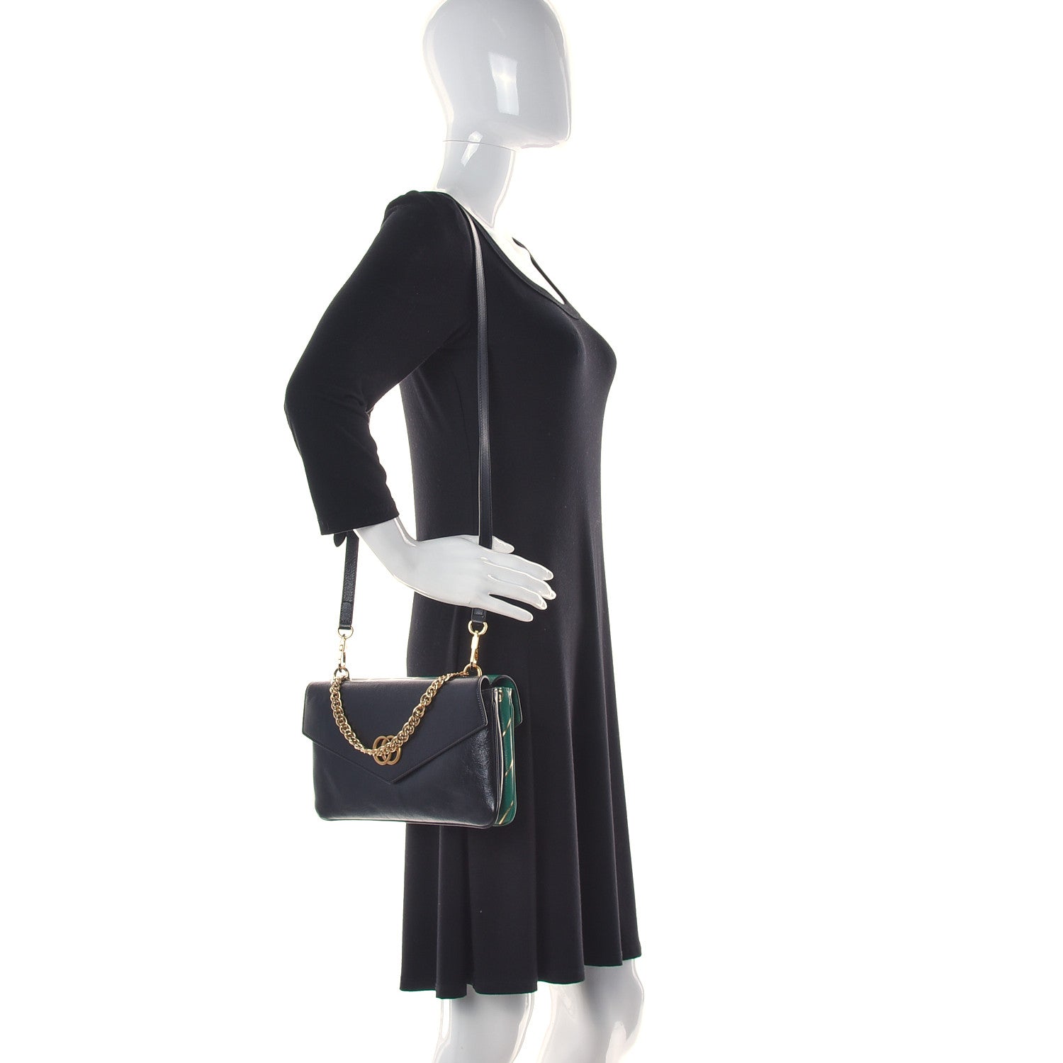 Gucci Calfskin Diagonal GG Medium Thiara Double Envelope Shoulder Bag Emerald Green Black 3 of 9