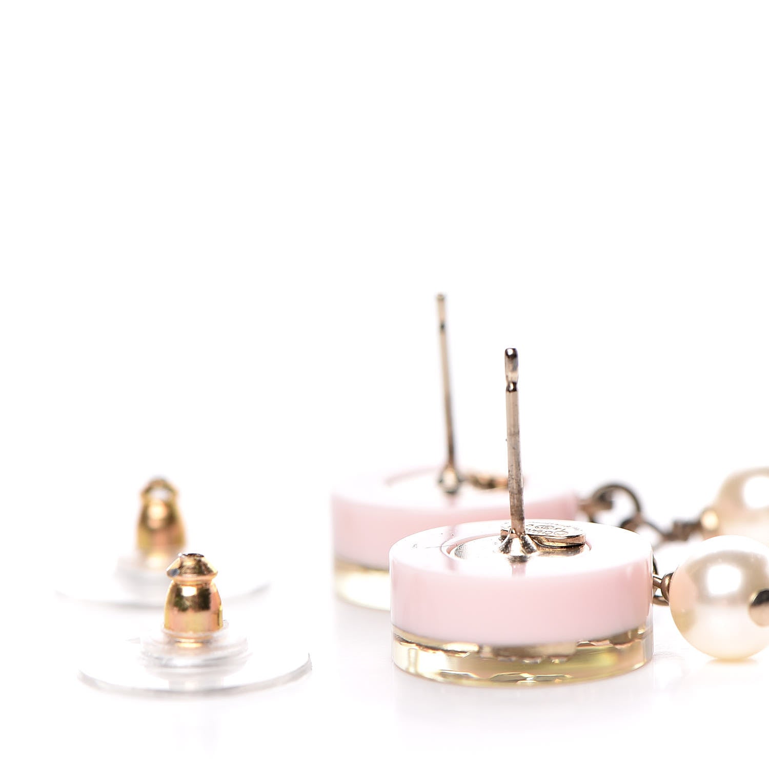 Chanel Resin Crystal Pearl Striped CC Drop Earrings Pink Gold 3 of 5