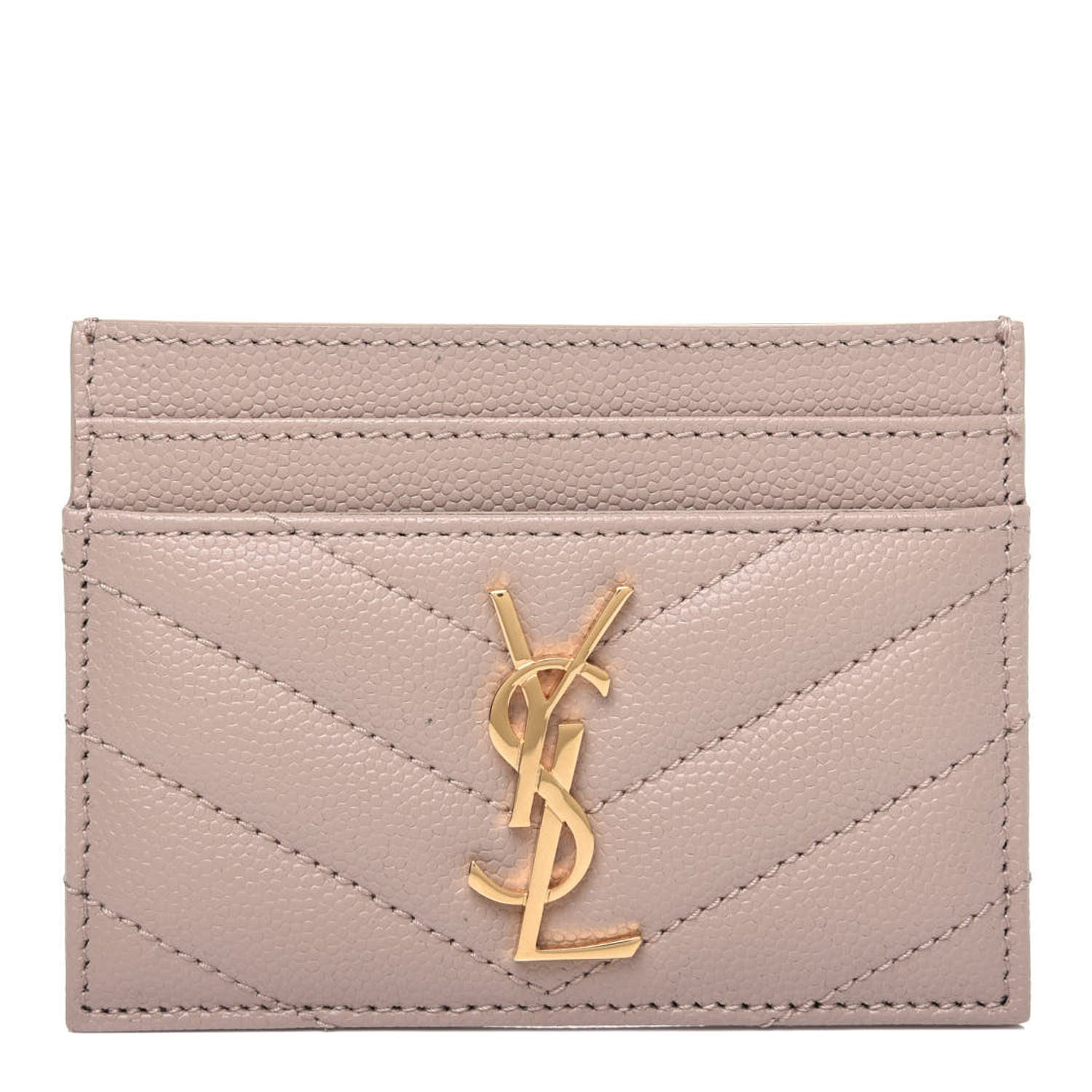 Saint Laurent Grain De Poudre Matelasse Chevron Monogram Credit Card Case Dark Beige 1 of 10