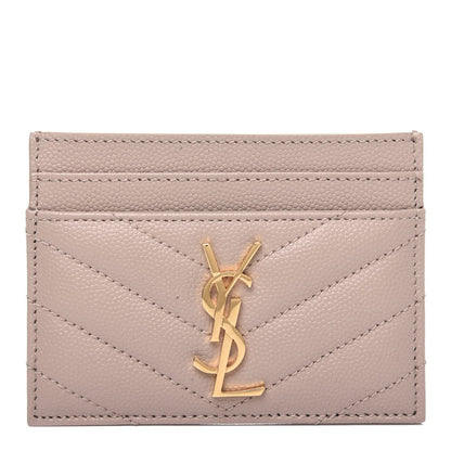 Saint Laurent Grain De Poudre Matelasse Chevron Monogram Credit Card Case Dark Beige 1 of 10