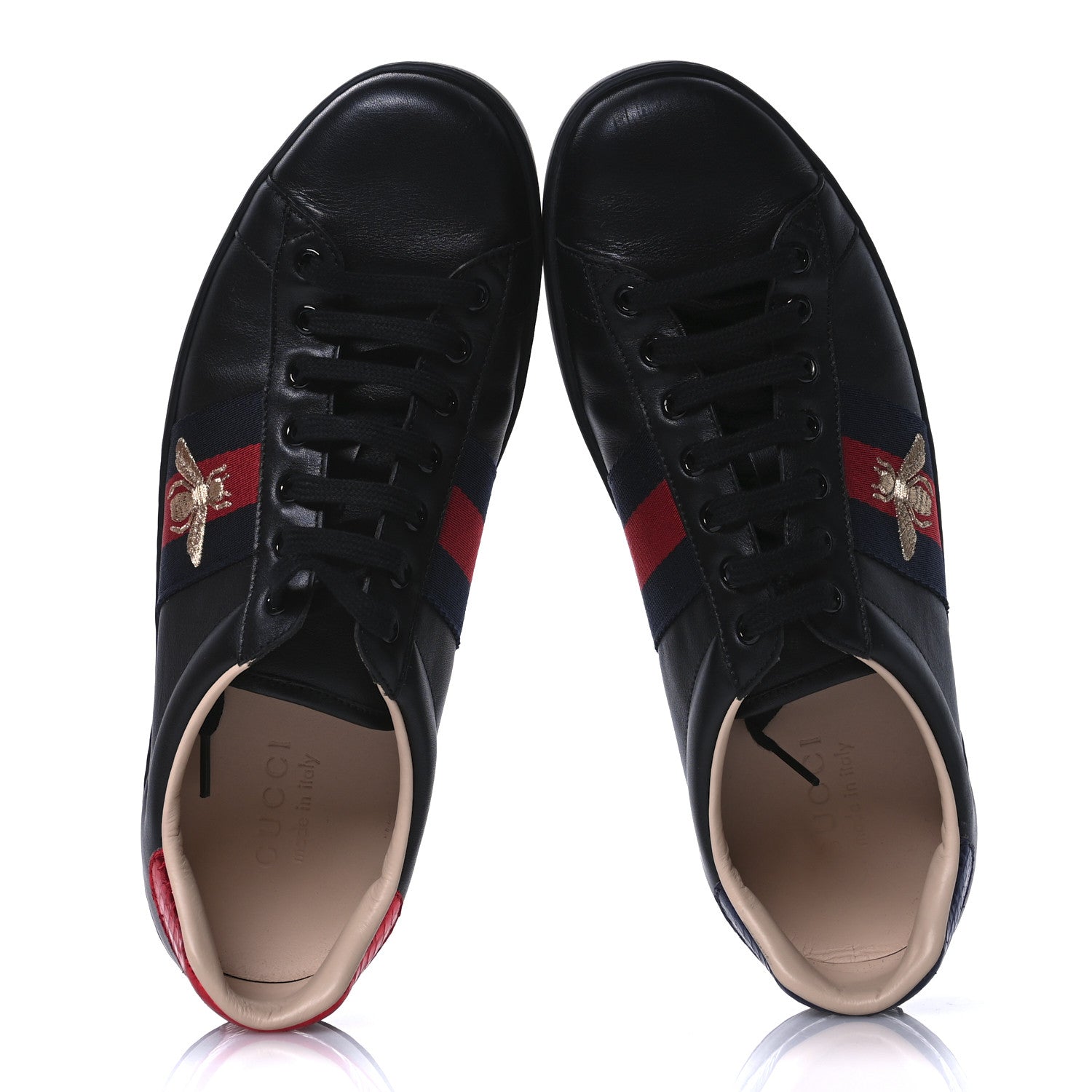 Gucci Miro Soft Calfskin Laminated Ayers Web Bee Embroidered Mens Ace Sneakers 9.5 Black Red Flame Night 2 of 9