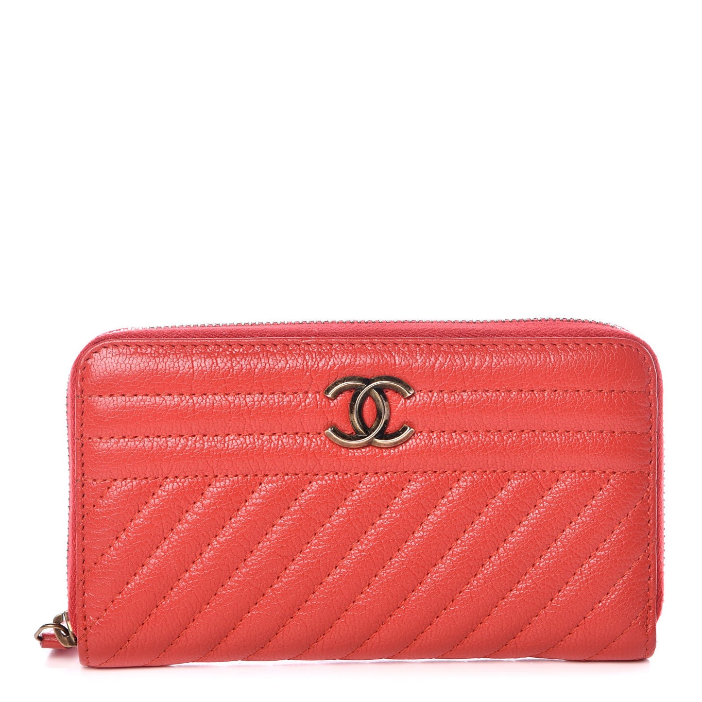 Shiny Goatskin Diagonal Quilted Small Zip Around Wallet Red