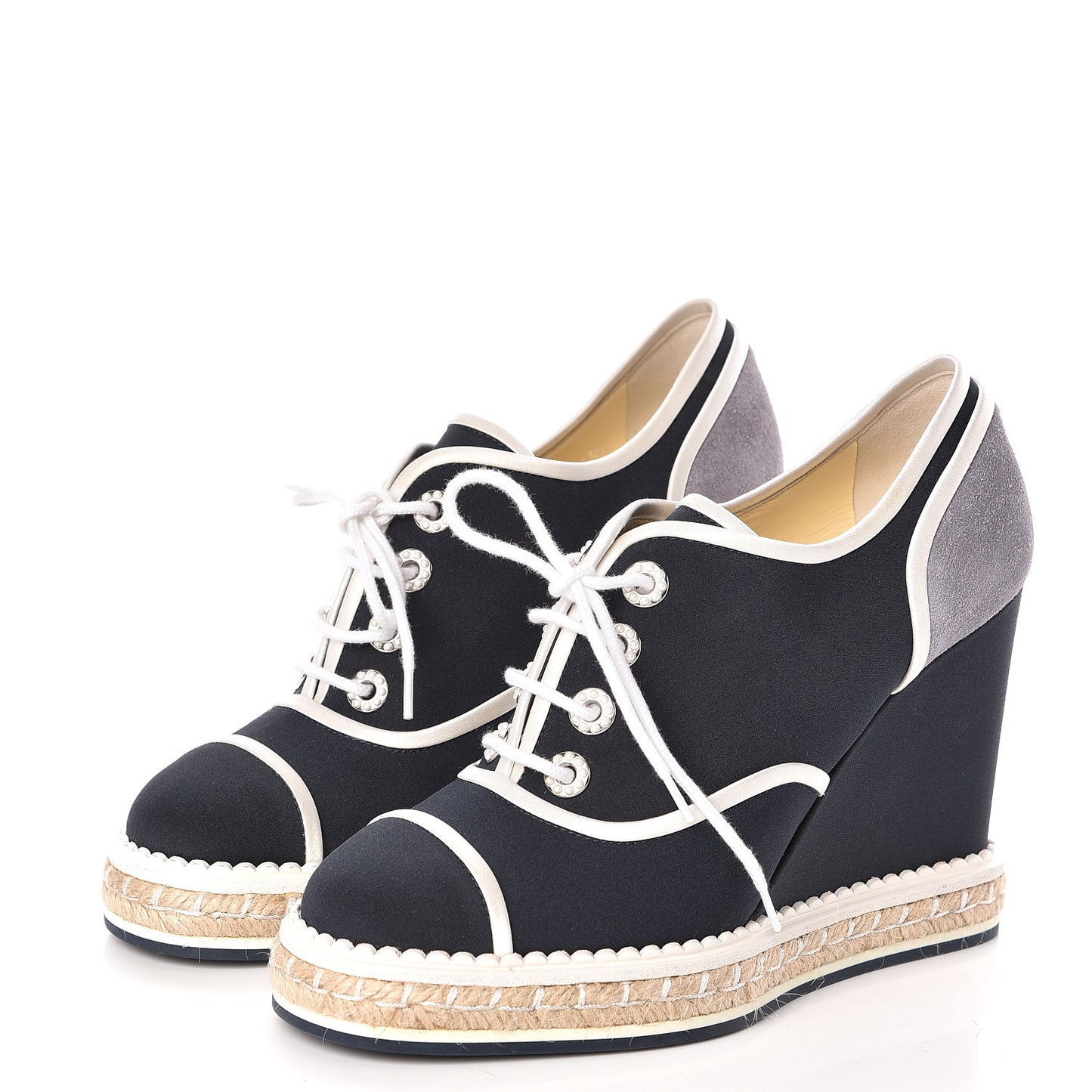 Silk Crepe Suede Calfskin Lace Up Wedge Espadrilles 36.5 Navy Grey