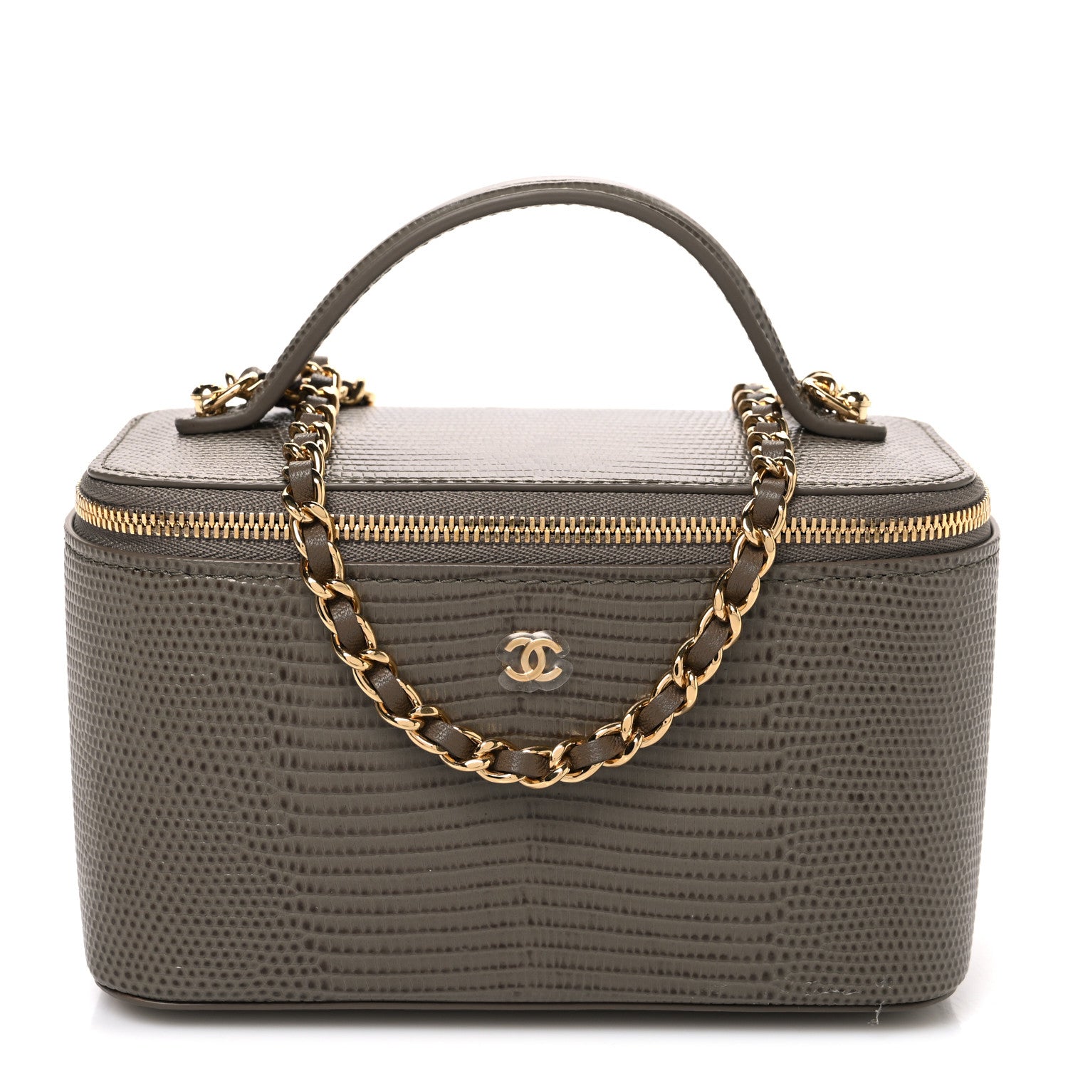 Chanel Calfskin Lizard Embossed Top Handle Vanity With Chain Dark Khaki 1 of 11