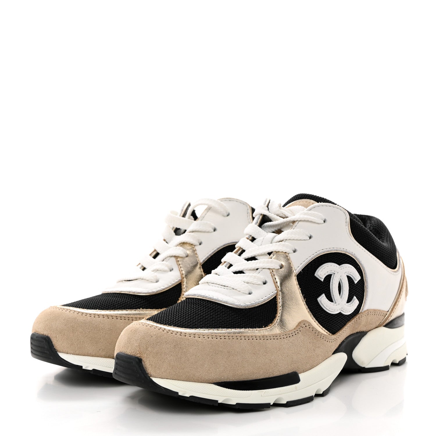 Chanel Mesh Suede Calfskin Womens CC Sneakers 39 White Black Beige Gold 3 of 9