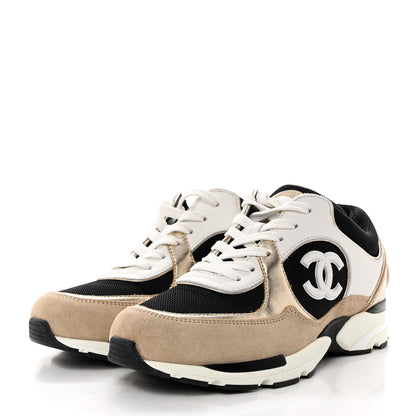 Chanel Mesh Suede Calfskin Womens CC Sneakers 39 White Black Beige Gold 3 of 9