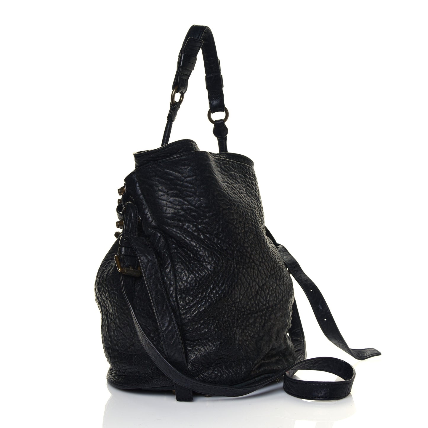 Pebbled Lambskin Diego Bucket Bag Black Antique Brass Hardware