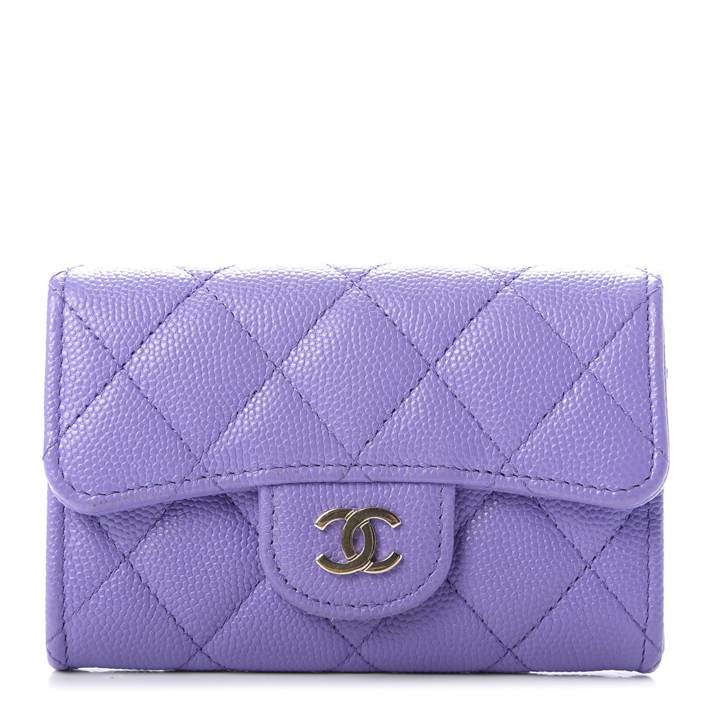 Caviar Quilted Flap Card Holder Wallet Purple