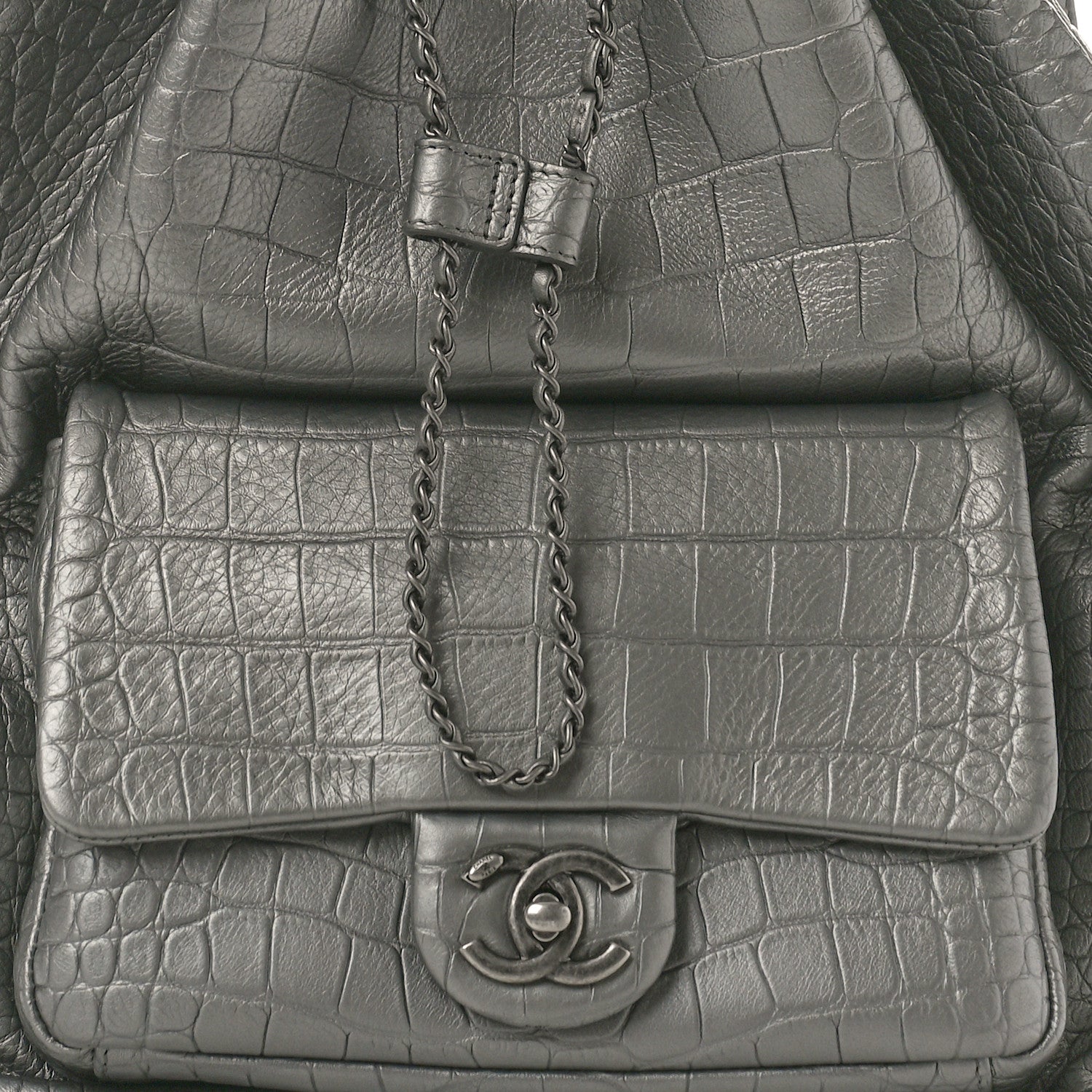 Chanel Metallic Calfskin Crocodile Embossed Large Backpack Silver 7 of 9