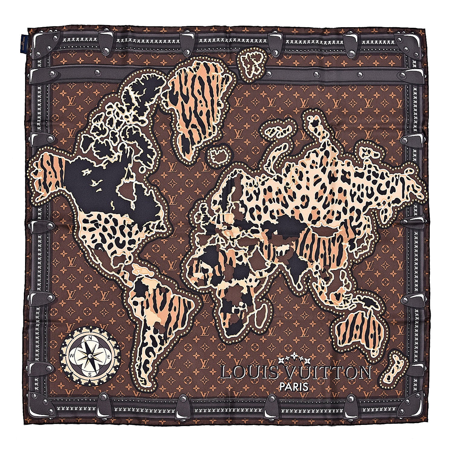 Louis Vuitton Silk Monogram LV World Square Scarf Brown 1 of 4