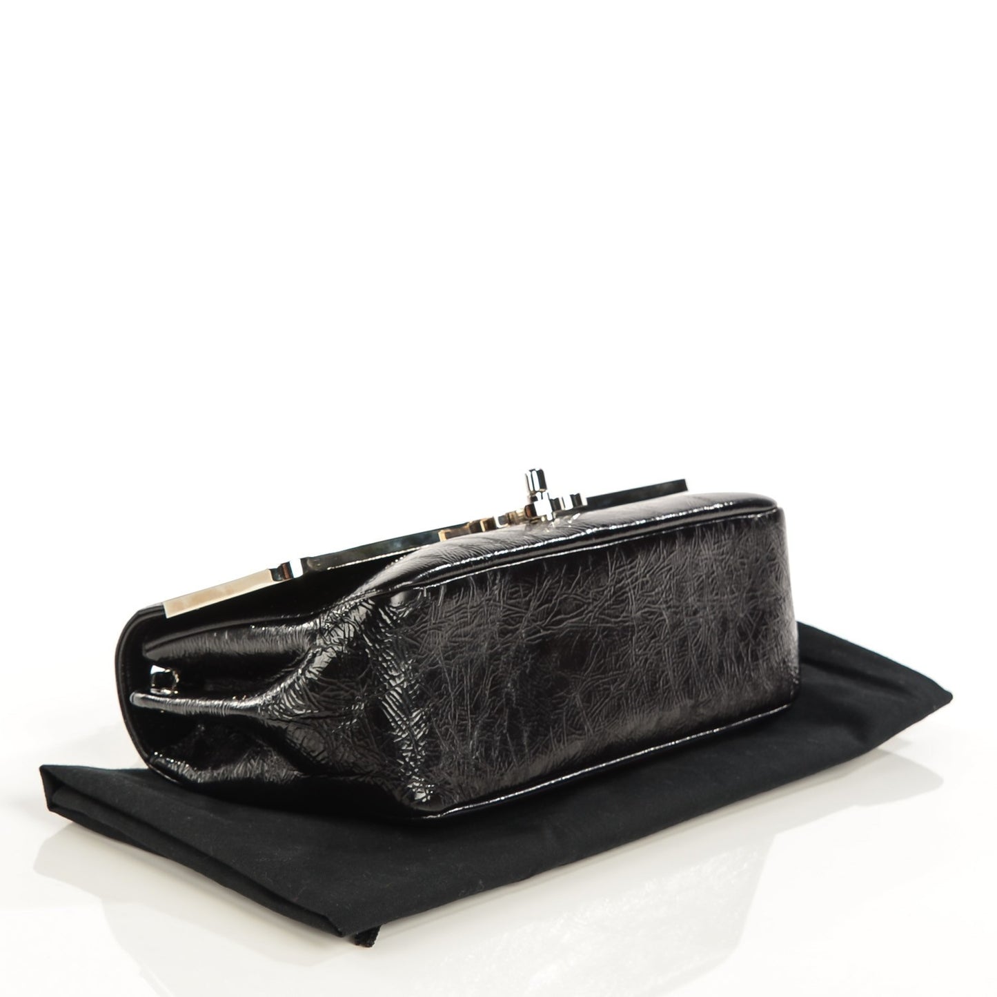 Distressed Patent Calfskin Small Frame Single Flap Black