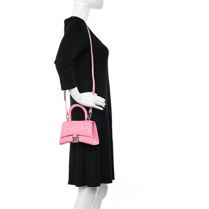 Balenciaga Shiny Calfskin Crocodile Embossed Hourglass Top Handle Bag XS Sweet Pink 2 of 14
