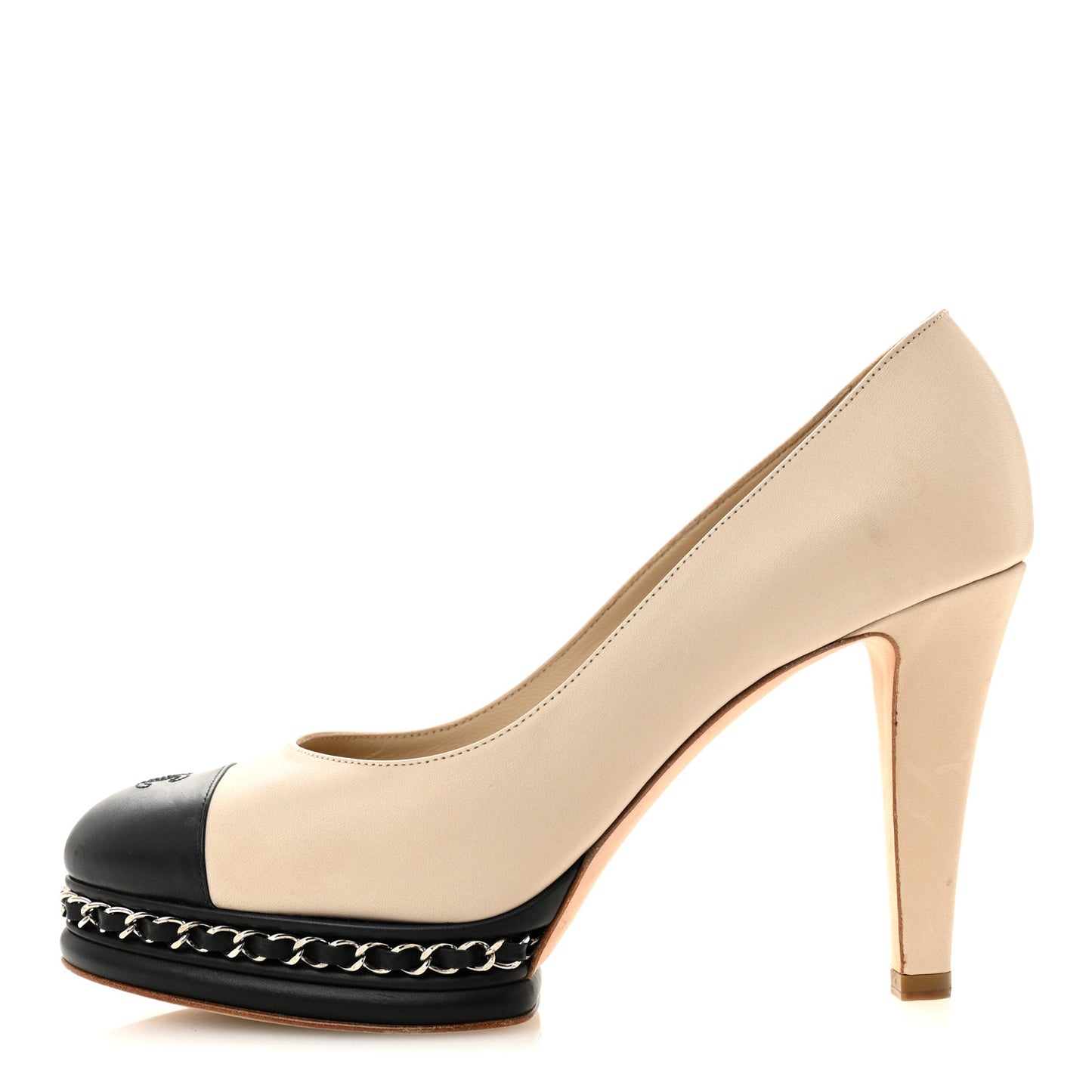 Calfskin CC Cap Toe Platform Chain Pumps 39 Beige Black
