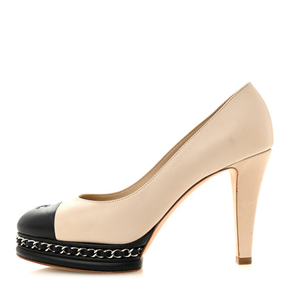 Chanel Calfskin CC Cap Toe Platform Chain Pumps 39 Beige Black 1 of 13