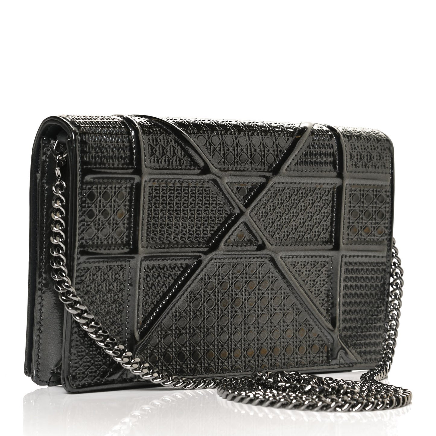 Metallic Patent Micro-Cannage Diorama Wallet on Chain Pouch Onyx Black