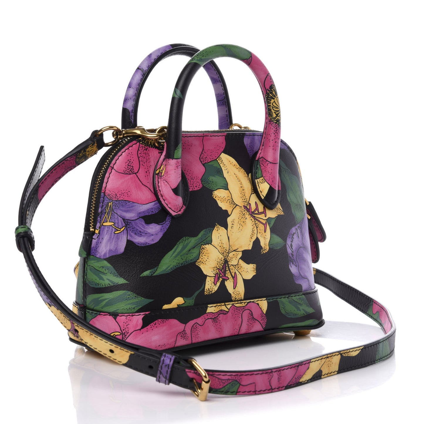 Smooth Calfskin Lush Floral Print XXS Ville Top Handle Bag Black Multicolor