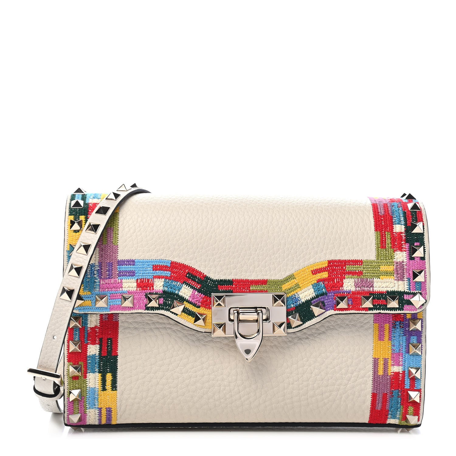 Valentino Garavani Pebbled Calfskin Embroidered Medium Rockstud Flip Lock Crossbody Bag Ivory 1 of 7