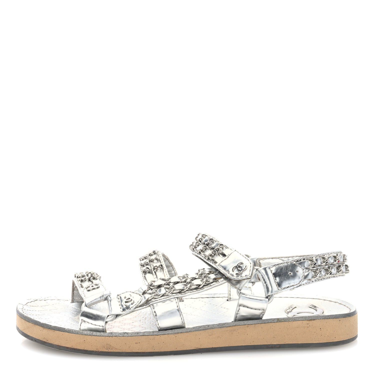 Chanel Metallic Laminated Goatskin Chain Flat Sandals 39 Silver