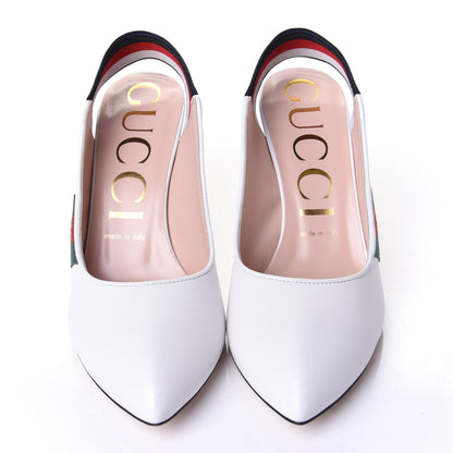 Gucci Malaga Kid Web Sylvie Mid Heel Slingback Pumps 38 White 5 of 11