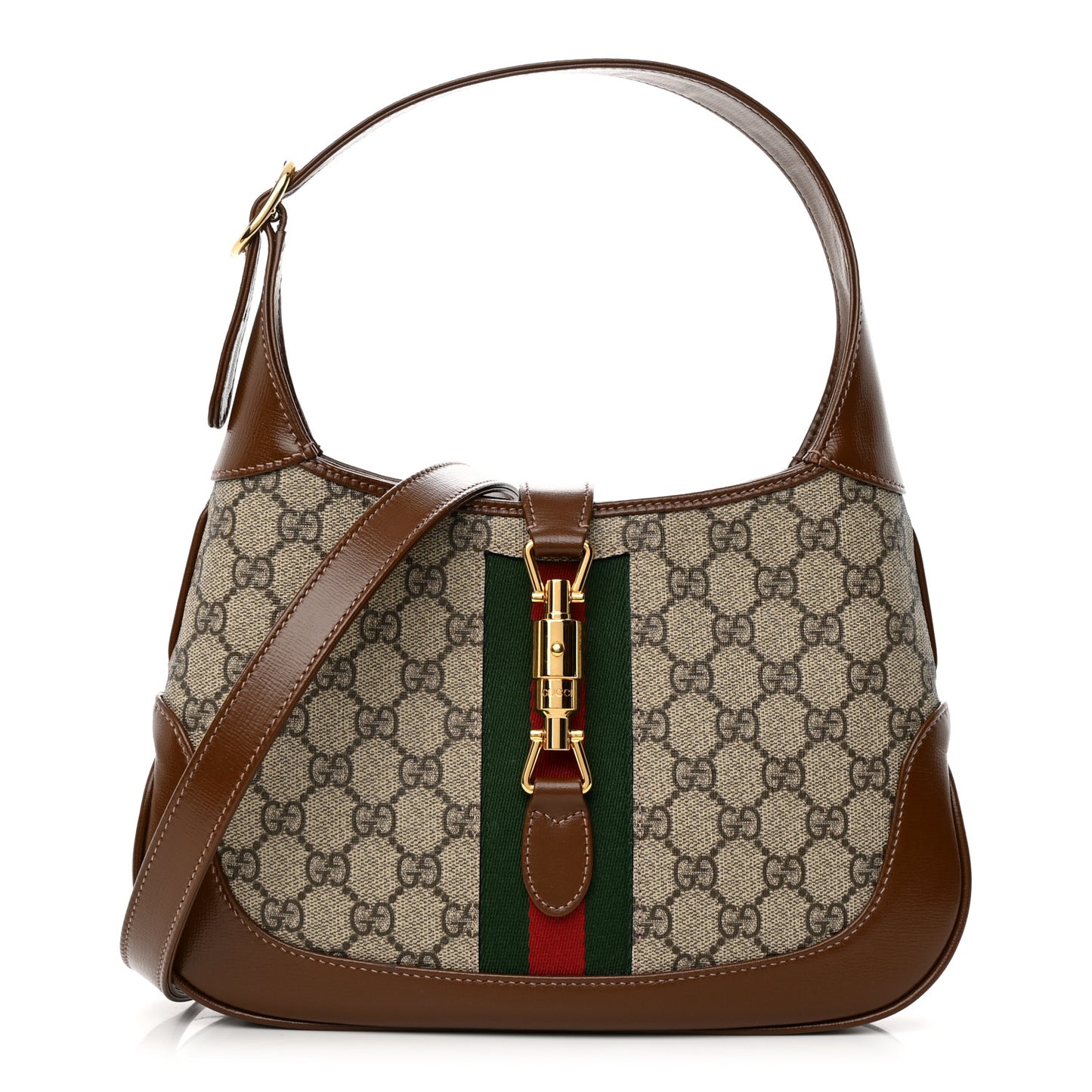 GG Supreme Monogram Azalea Calfskin Web Small Jackie 1961 Hobo Beige Ebony Brown Sugar