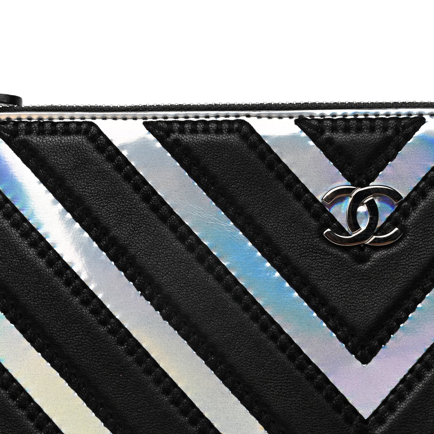 Lambskin Metallic Chevron Zip Pouch Black Silver