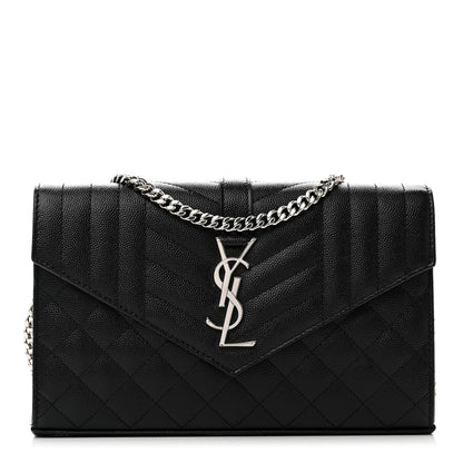 Saint Laurent Grain De Poudre Mixed Matelasse Triquilt Monogram Chain Wallet Black 1 of 8