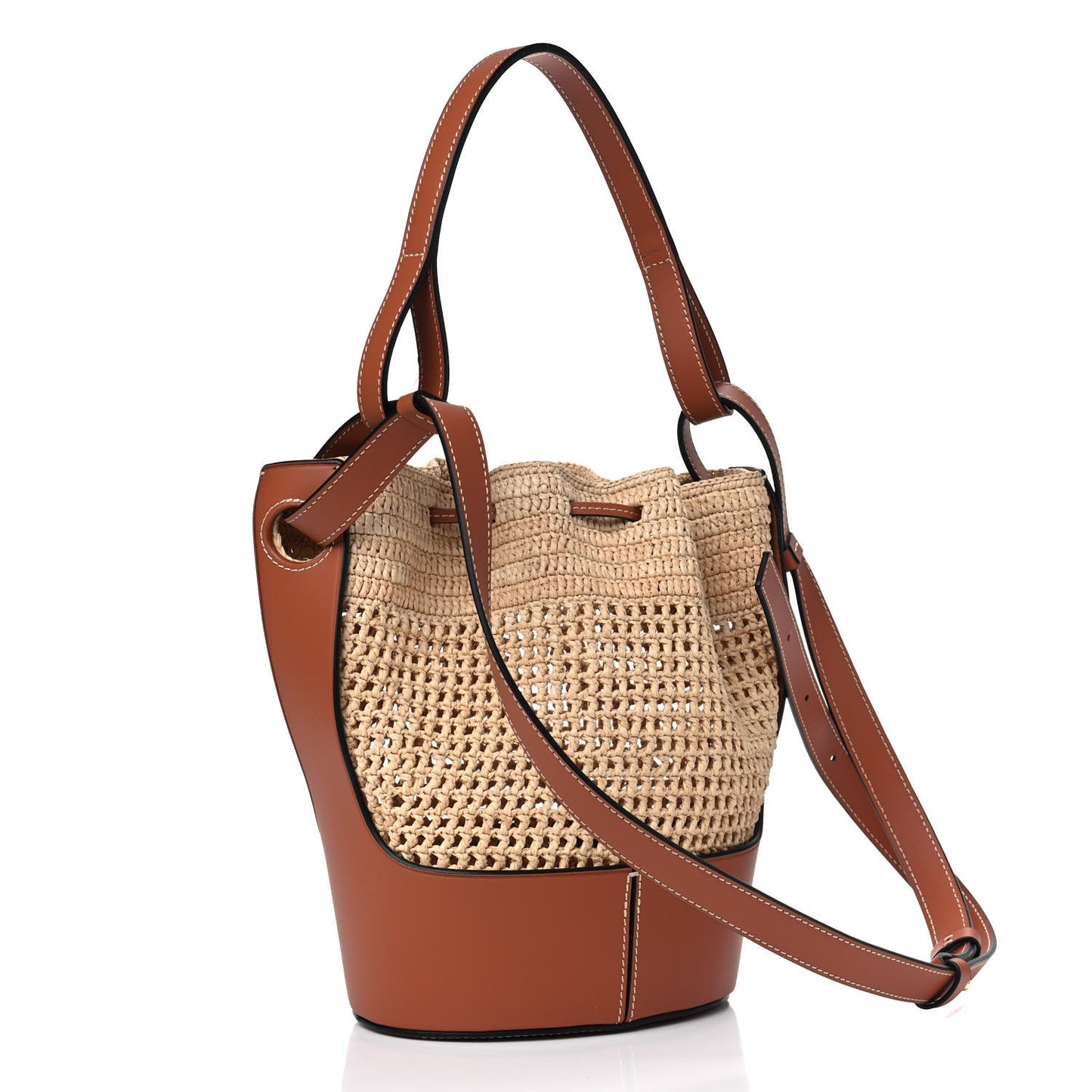 Raffia Calfskin Balloon Bucket Bag Natural Tan