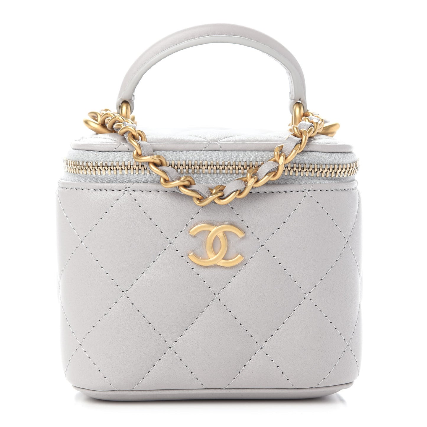 Lambskin Quilted Top Handle Mini Vanity Case With Chain Grey