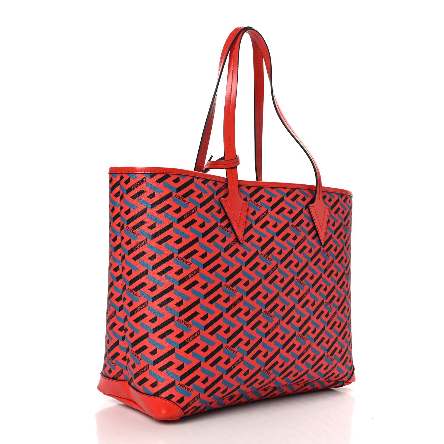 Versace Coated Canvas Calfskin La Greca Signature Shopper Tote Bag Blue Red 4 of 9