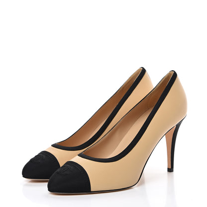Chanel Lambskin Grosgrain Cap Toe CC Pumps 40 Beige Black 3 of 9