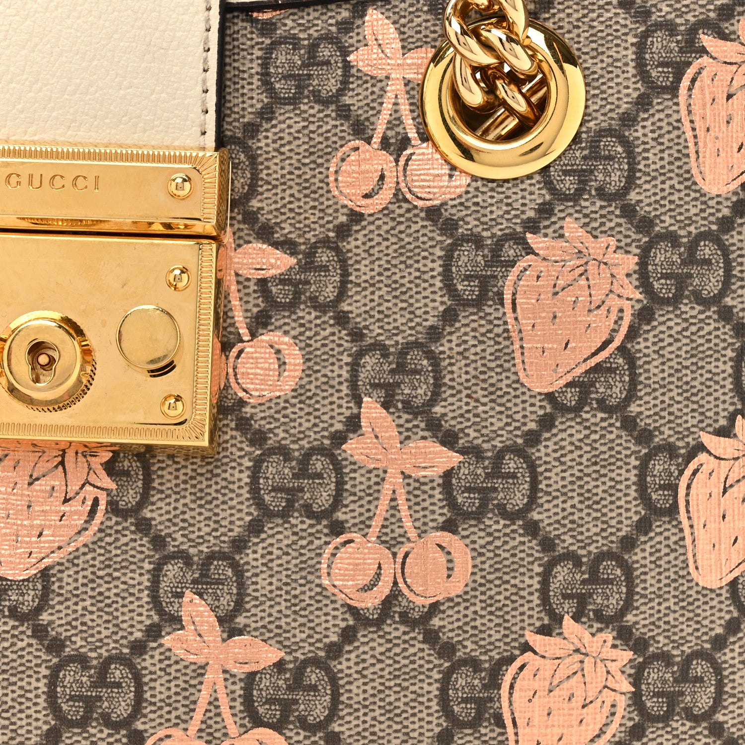 Gucci GG Supreme Monogram Berry Textured Dollar Calfskin Small Padlock Tote Beige Ebony Light Copper Mystic White 8 of 17